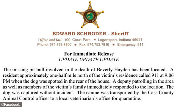 Cass County pit bull kills elderly owner, press release