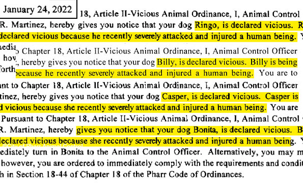 federal lawsuit known vicious dogs declarations