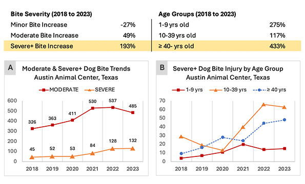 Austin, Texas: Severe injury dog bite data by age group 2018 to 2023